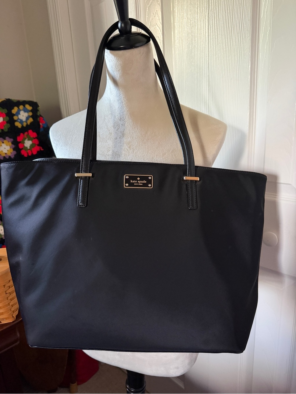 kate spade black nylon tote with leather straps